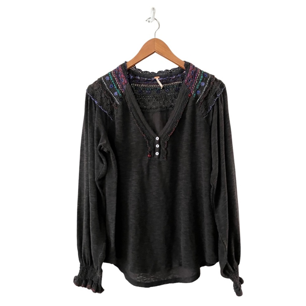 Free People charcoal Long Sleeve Fiesta Henley Top with Multicolor Embroidered
